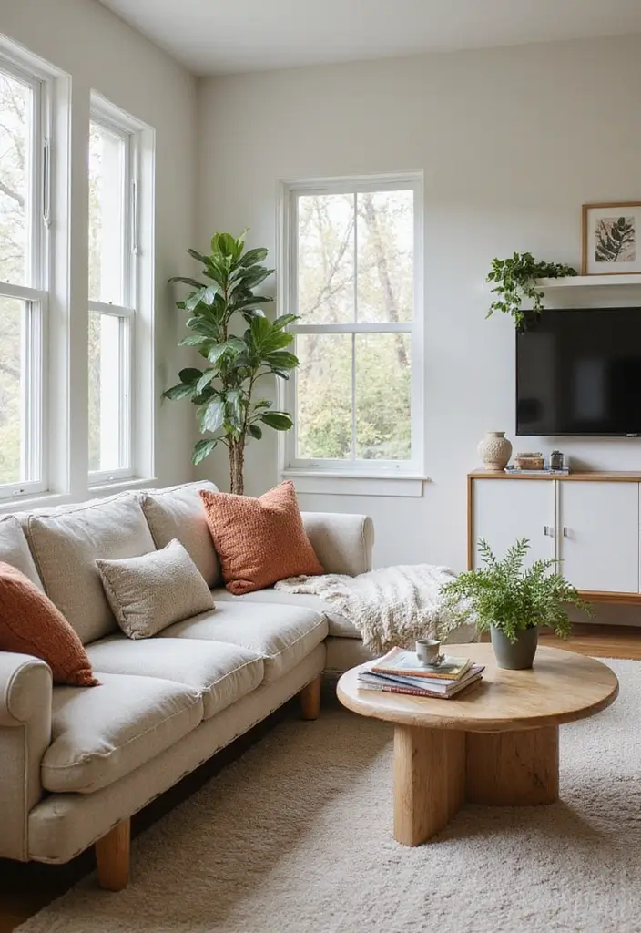 living room with linen sofa and cotton cushions