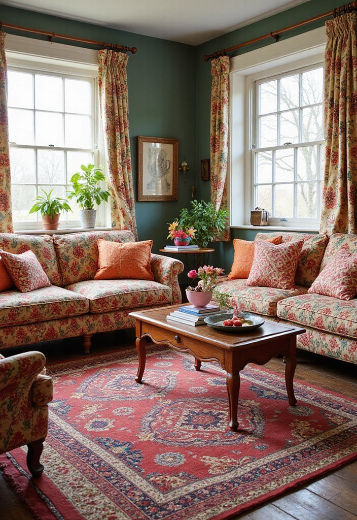 living room with patterned rug and neutral furniture