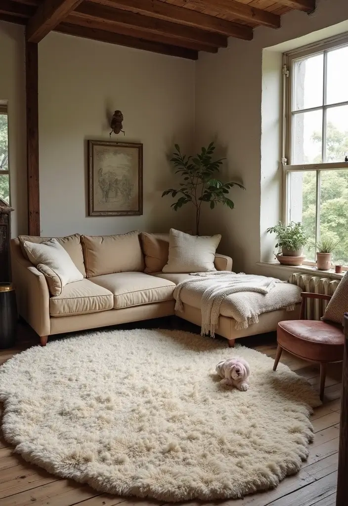 living room with plush wool rug and sofa