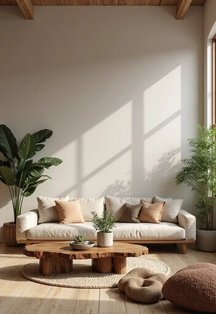 living room with reclaimed wood table and potted plants