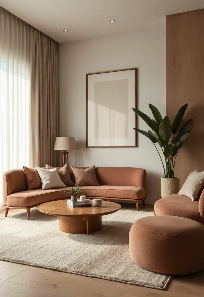 living room with rounded sofa and circular rug