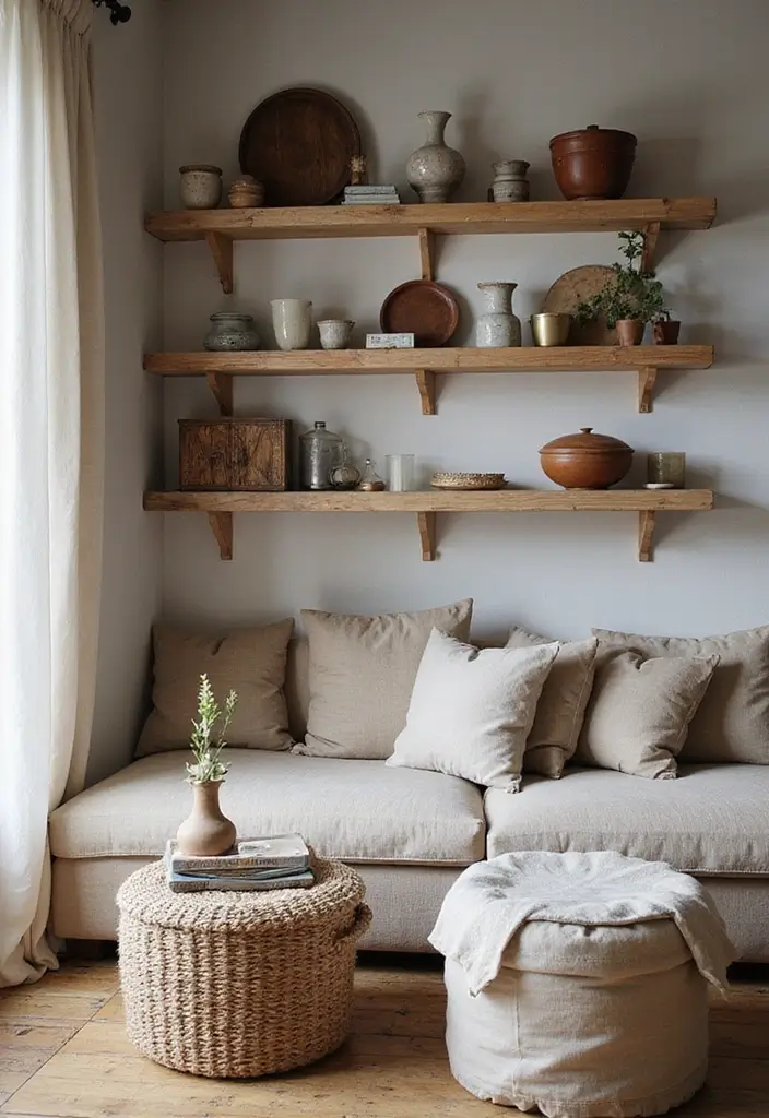 living room with rustic wood shelves and ceramics