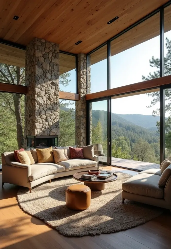 living room with sage green cushions and wooden table