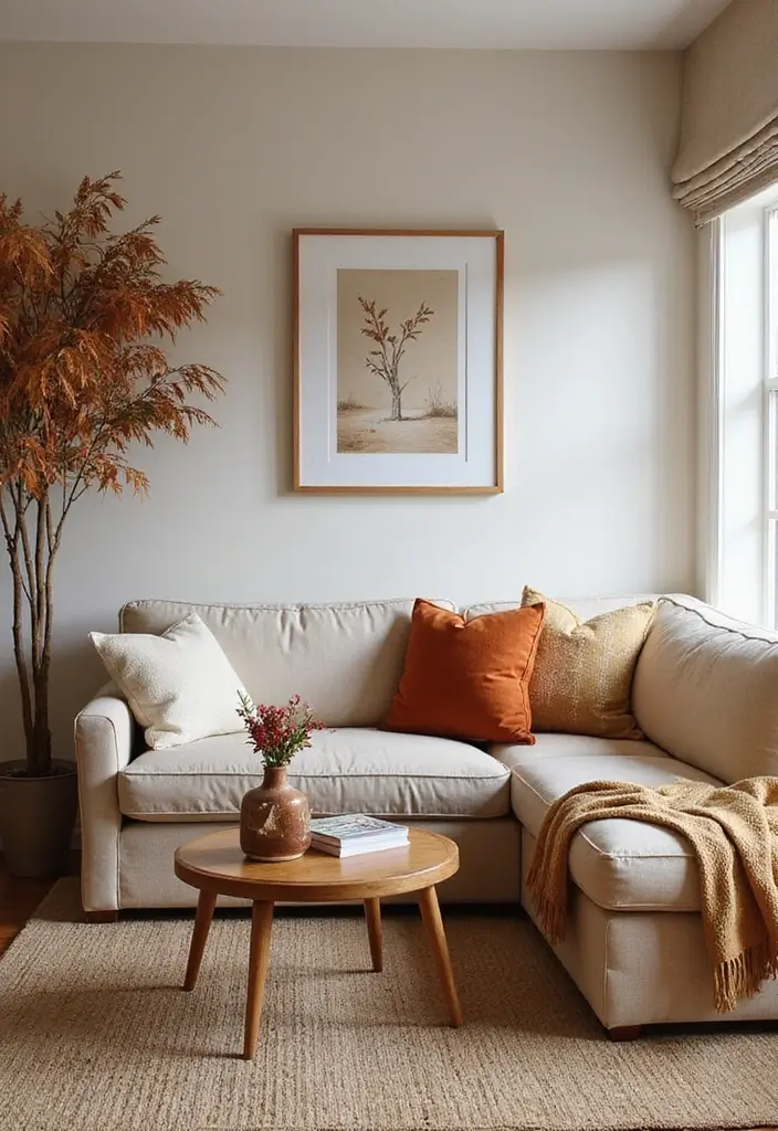 living room with seasonal throw and centerpiece