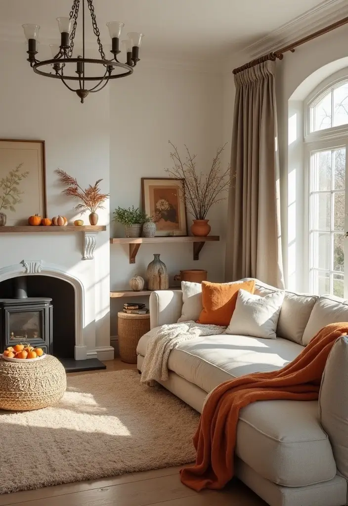 living room with seasonal throws and floral accents
