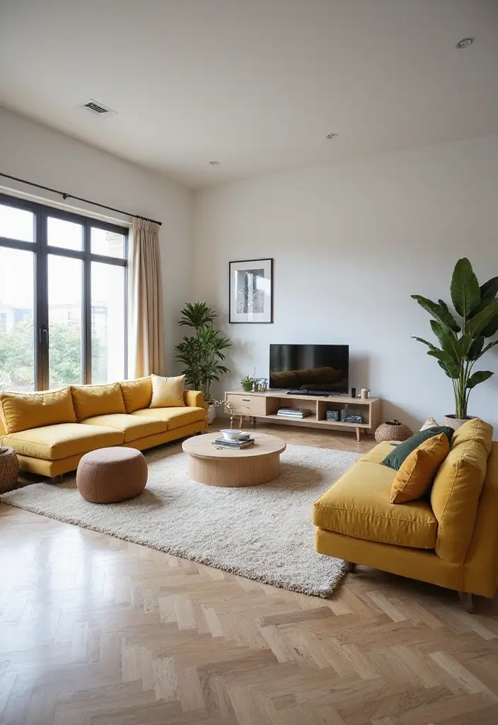 living room with sofa bed and storage ottoman