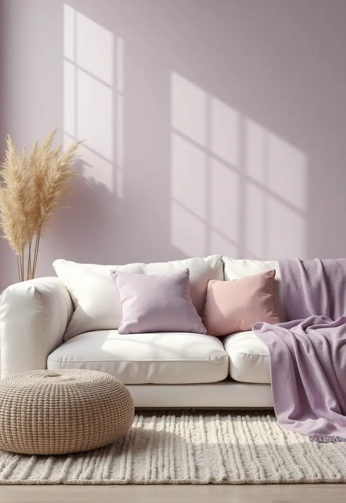 living room with soft pastel walls and cozy textiles
