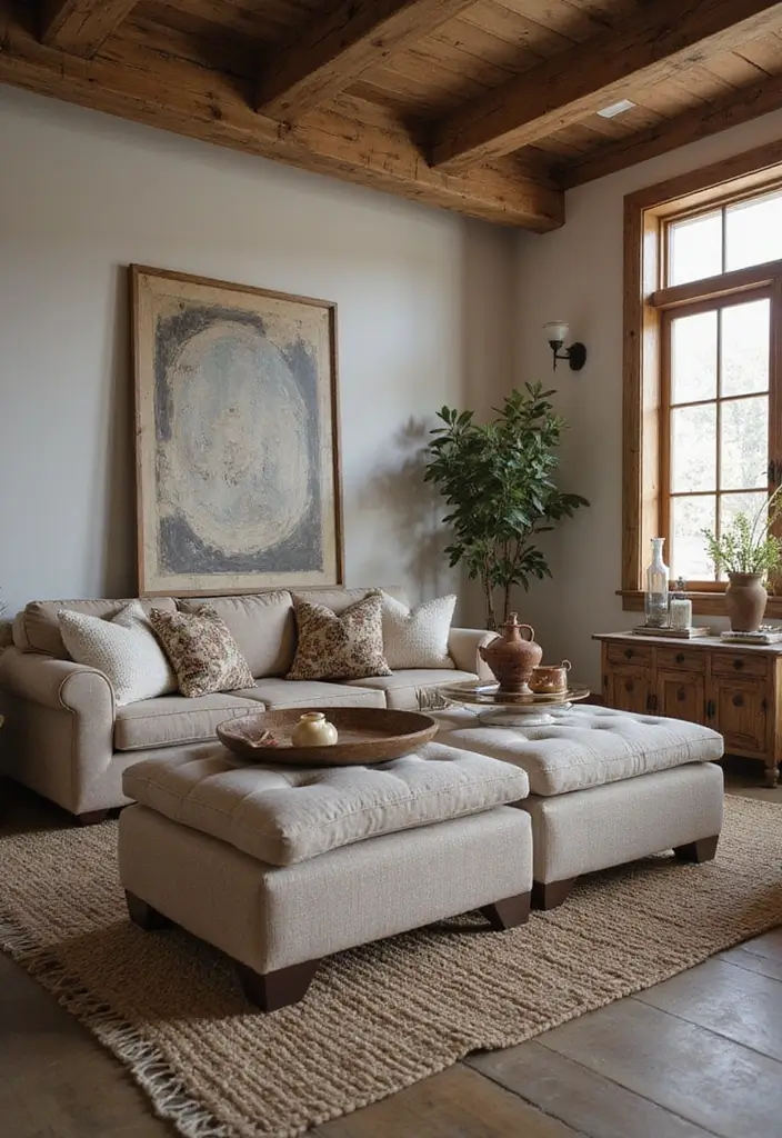 living room with storage ottoman and shelved coffee table