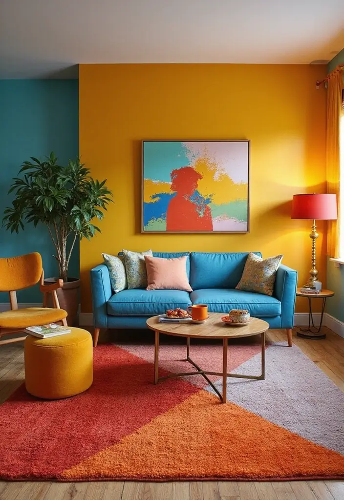 living room with teal accent wall and mustard cushions