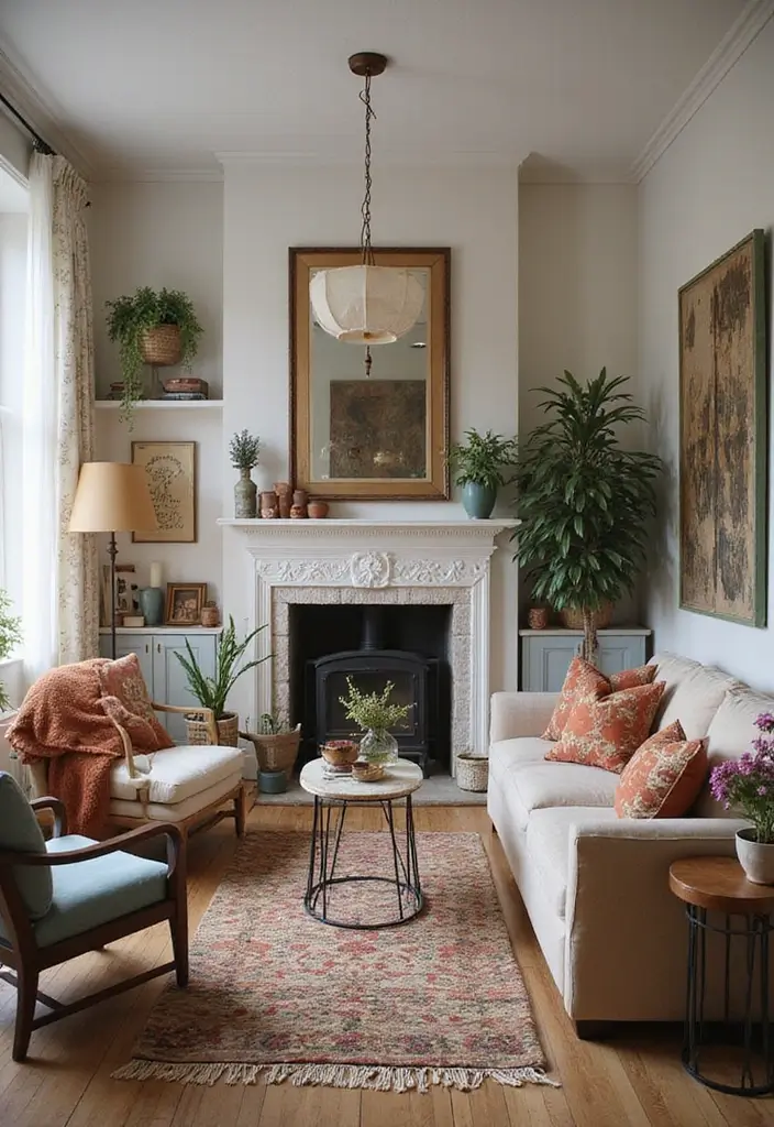 living room with vintage and modern decor mix