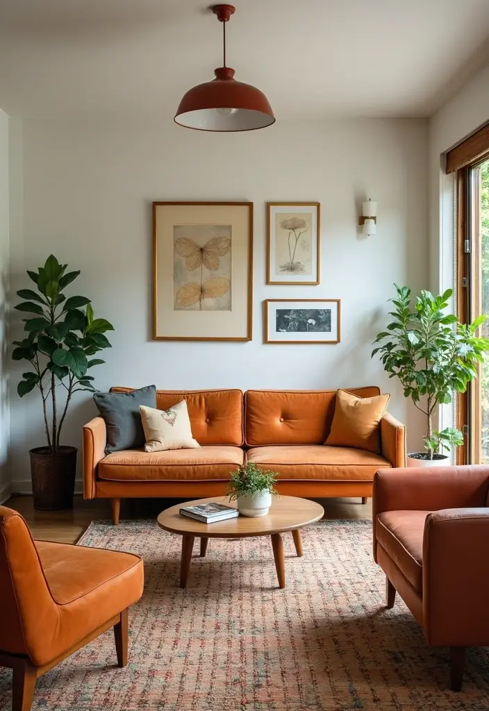 living room with vintage teak table and modern sofa