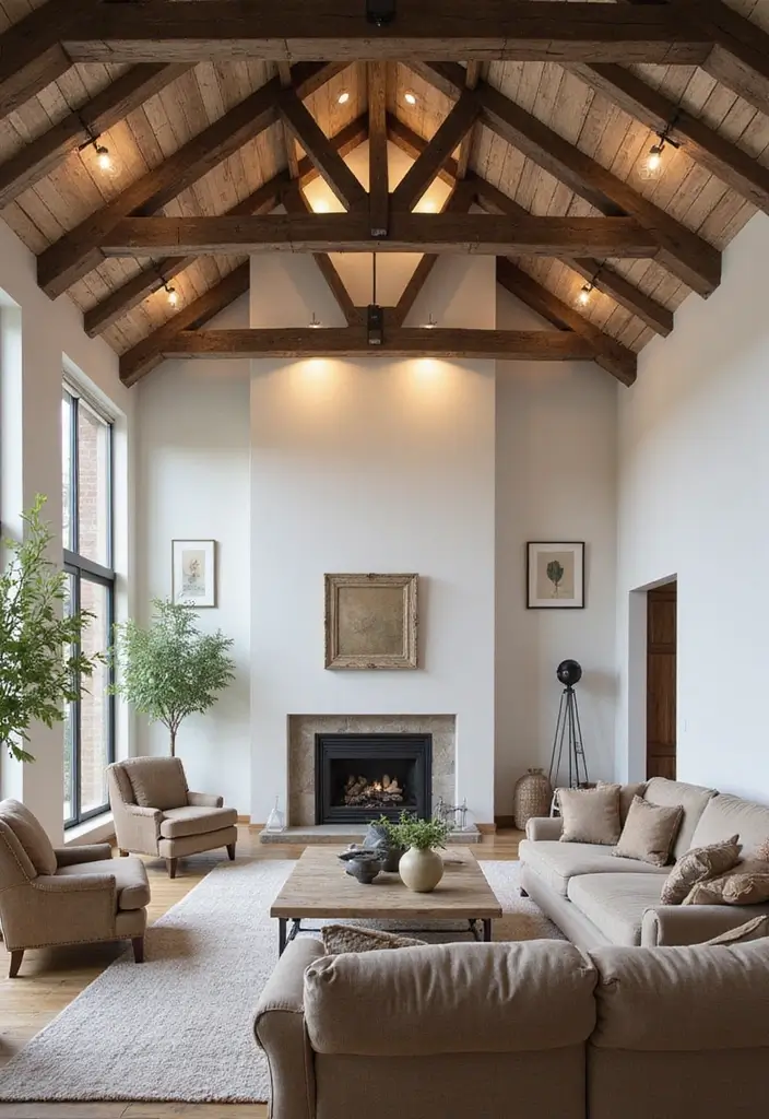 living room with weathered wood beams and white walls