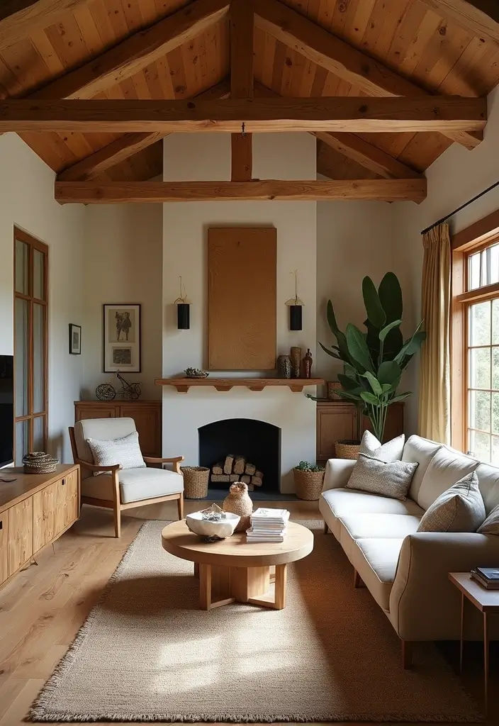 living room with wooden beams and coffee table
