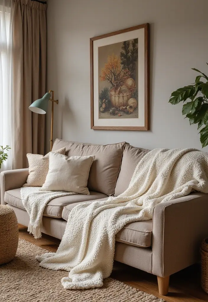 living room with wool throw and leather sofa