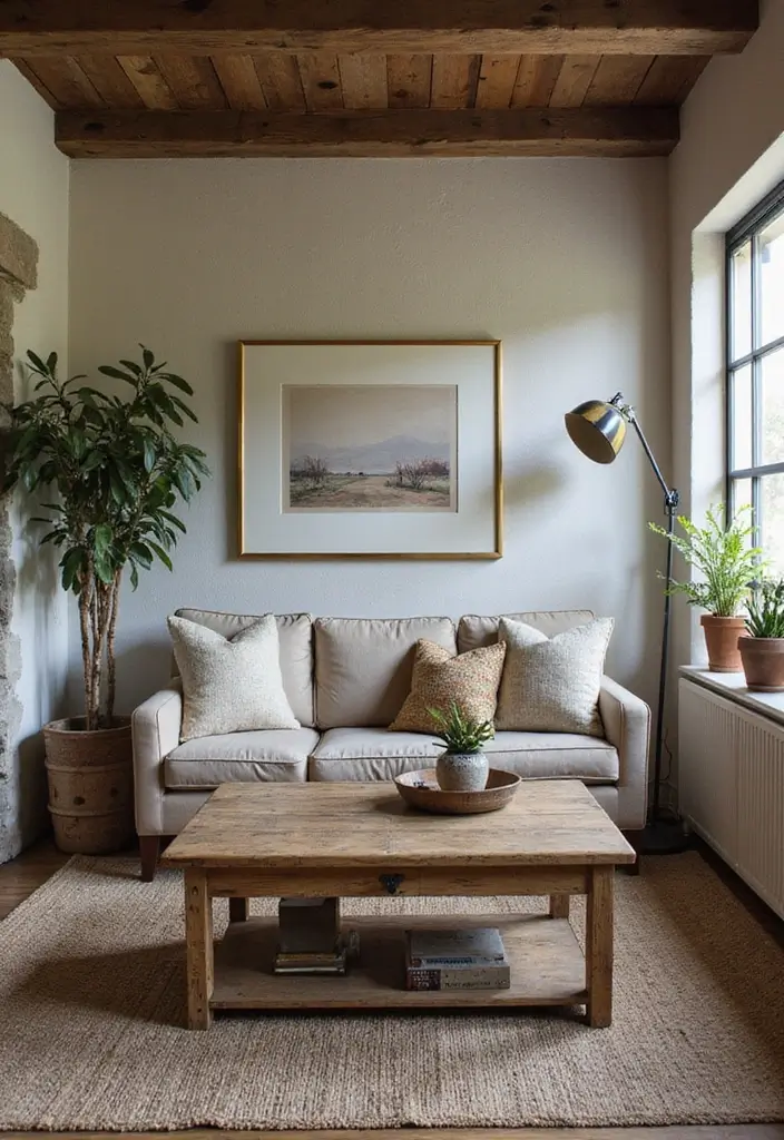 living room with worn coffee table and mismatched textiles