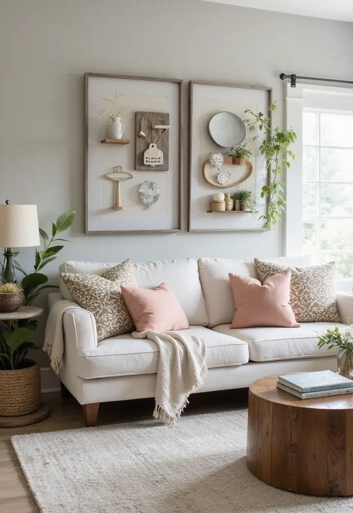 living room with woven baskets and wooden clock