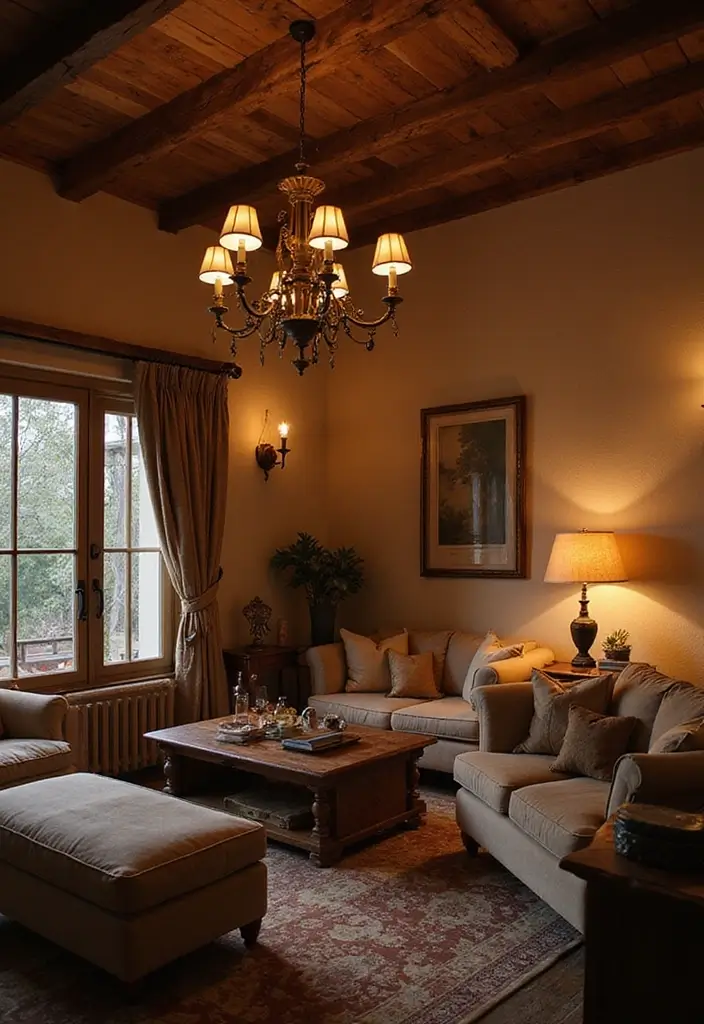 living room with wrought iron chandelier and warm lamps