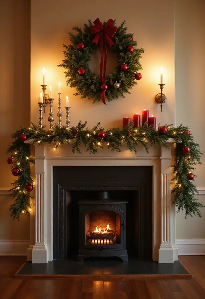 mantel garland with greenery and fairy lights