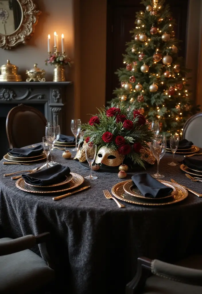 masquerade-themed christmas table with masks and feathers
