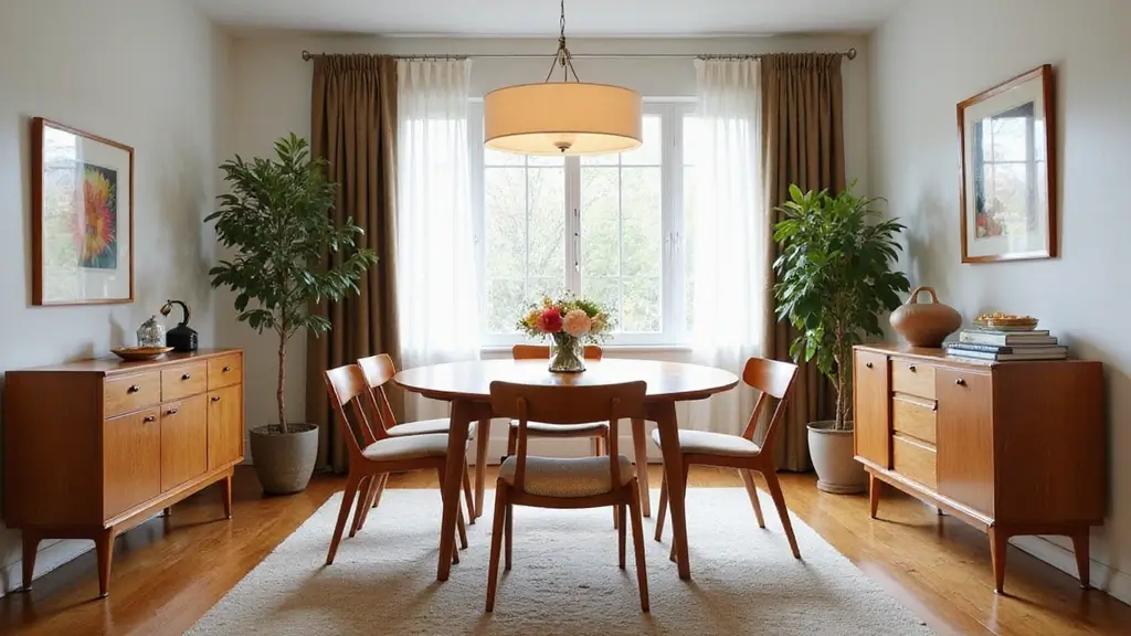 mid century dining room with wood table