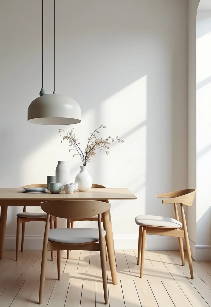 minimalist dining room with single vase and pendant light