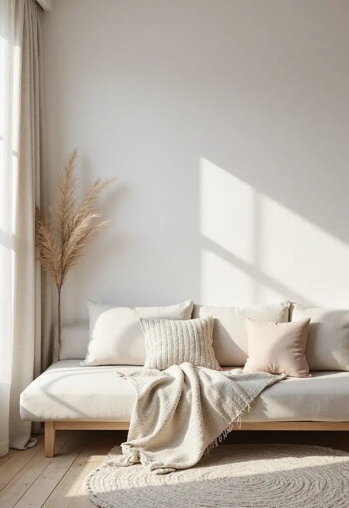 minimalist living room with beige sofa and woven rug