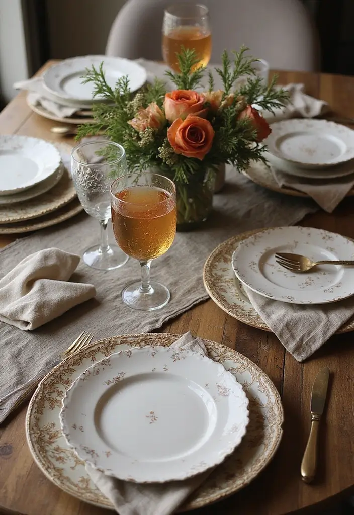 mismatched ceramic plates with linen napkins on table