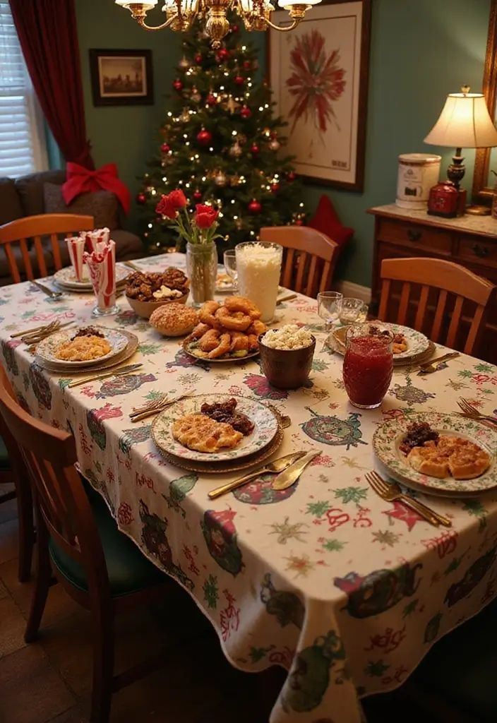 movie-themed christmas table with popcorn bar