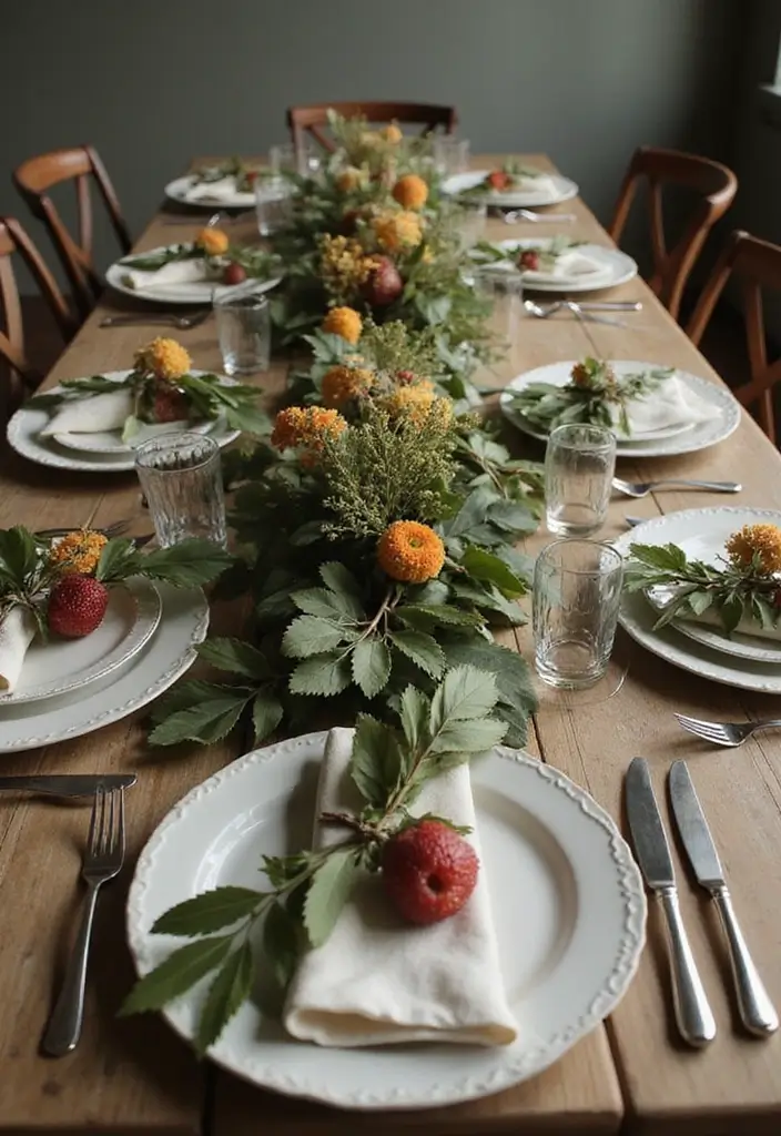 nature-inspired table setting with leaves and flowers