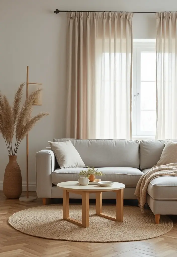 neutral living room with cream sofa and jute rug