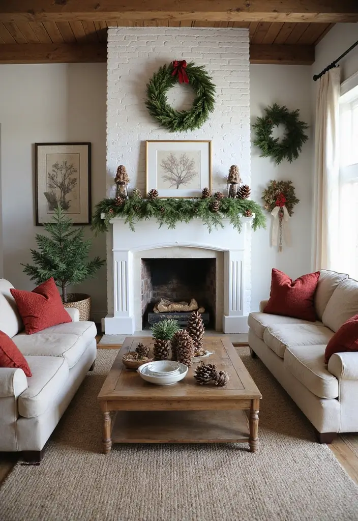 pine cone garland with holiday greenery on mantel