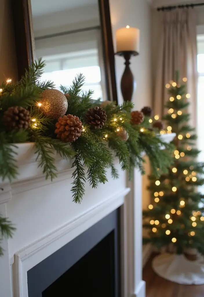 pinecones with glitter strung on twine