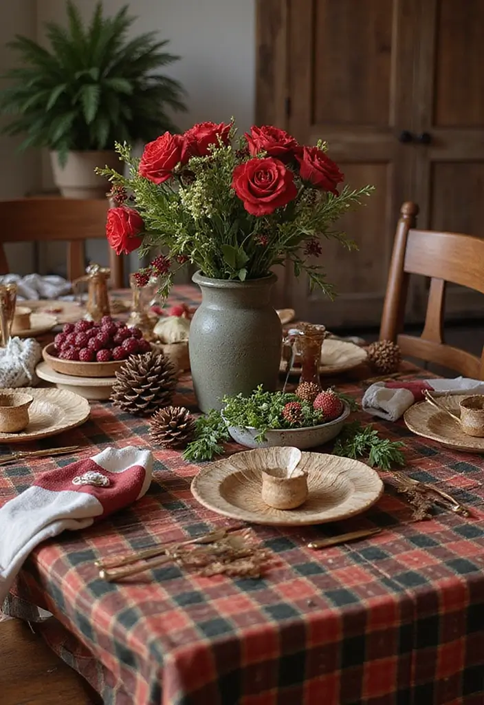 plaid christmas table with rustic wooden dishes