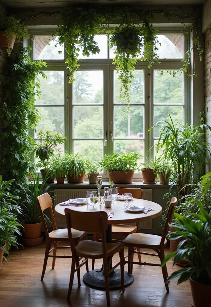 potted succulents and ferns in dining room corner