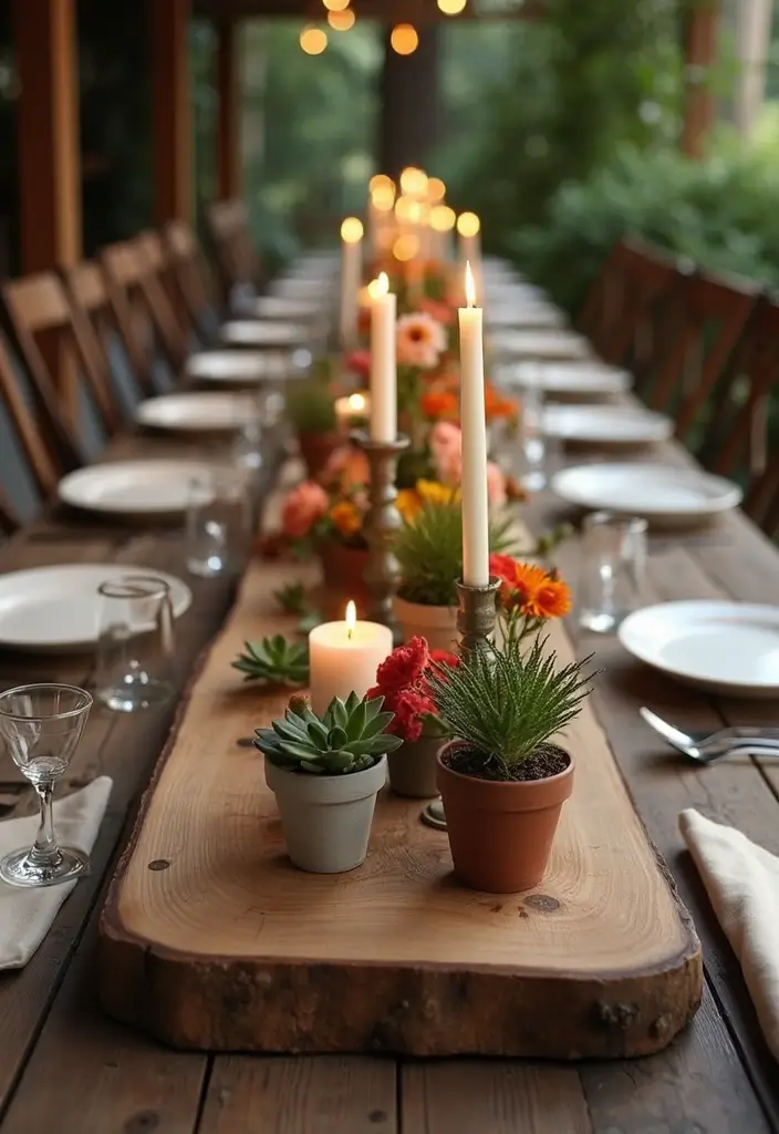 reclaimed wood centerpiece with candles and plants