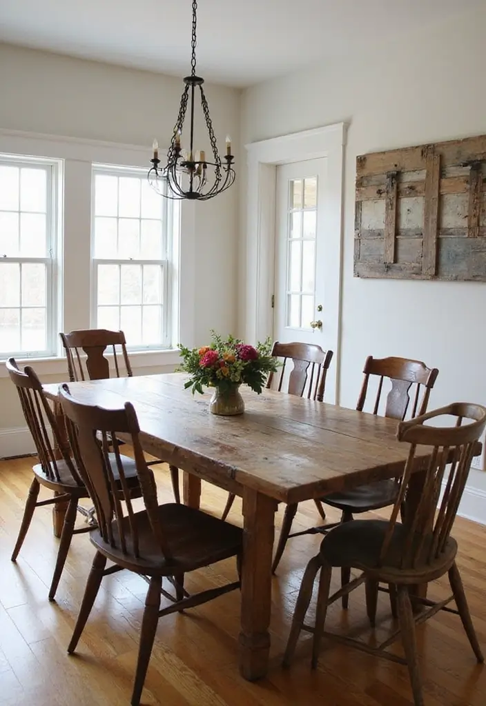 reclaimed wood dining table with live edge and mixed chairs