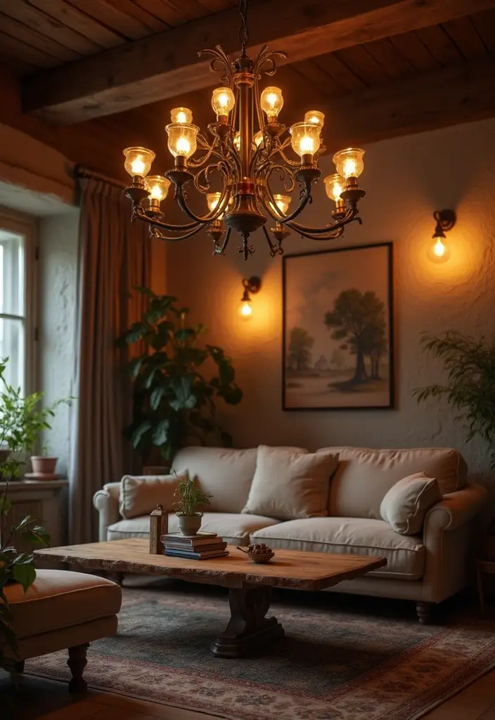 rustic chandelier and lamps in a cozy living room