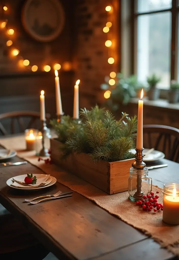 rustic farmhouse christmas table with burlap and wood