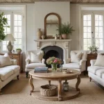 rustic french country living room with warm wood and soft textiles