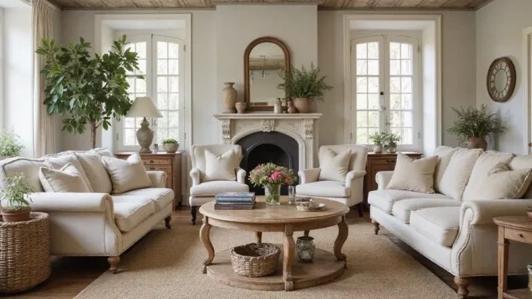 rustic french country living room with warm wood and soft textiles