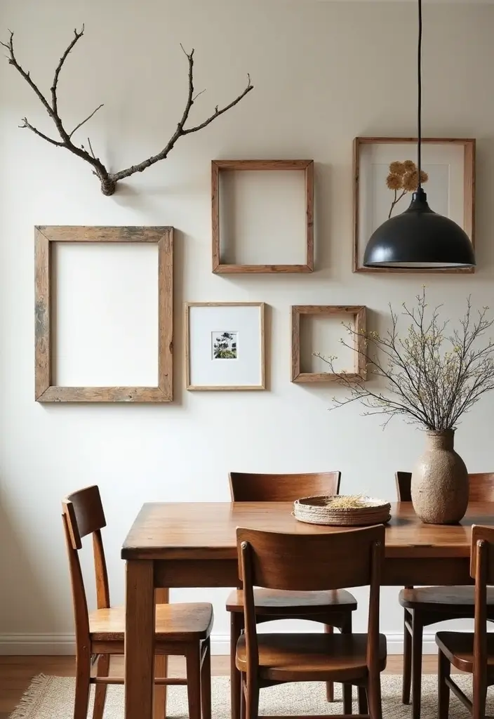 rustic wall art with branches and frames above dining table