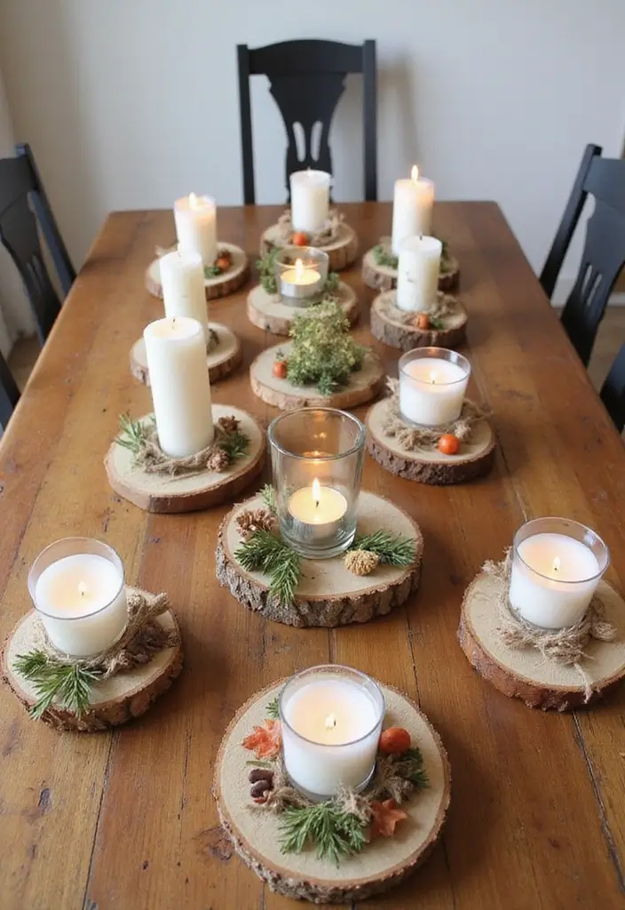 rustic wood and tin candle holders on table