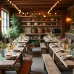rustic wooden dining table setup with plants and lights