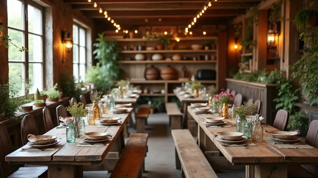 rustic wooden dining table setup with plants and lights