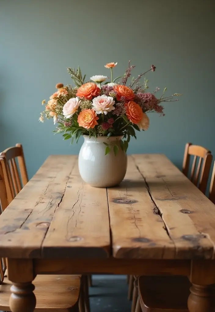 rustic wooden table with ceramic vase centerpiece