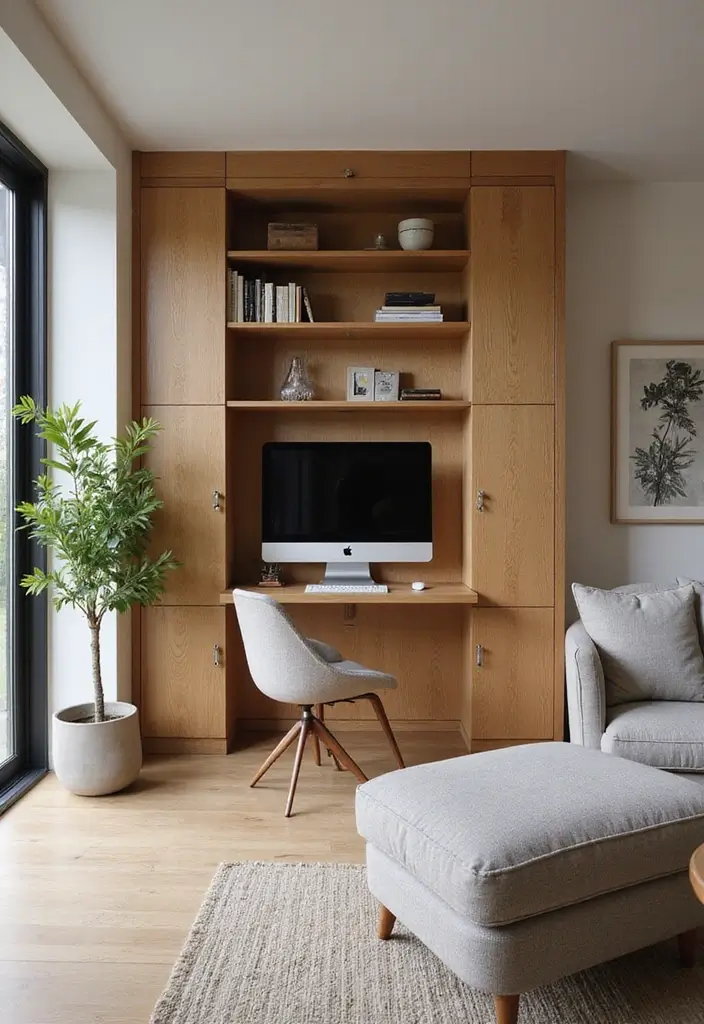 slim desk and lamp in living room corner