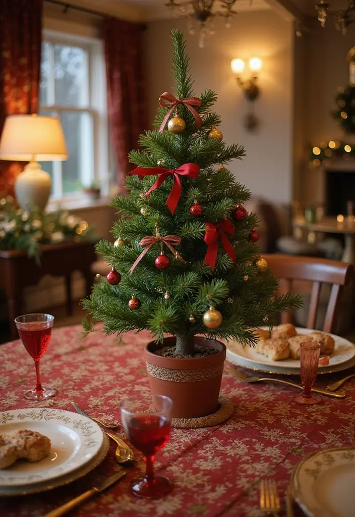 small potted pine tree with ornaments