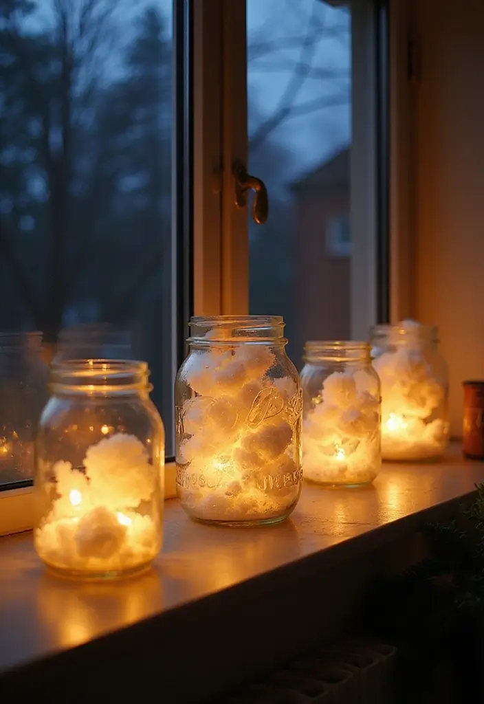 snowy mason jar lanterns