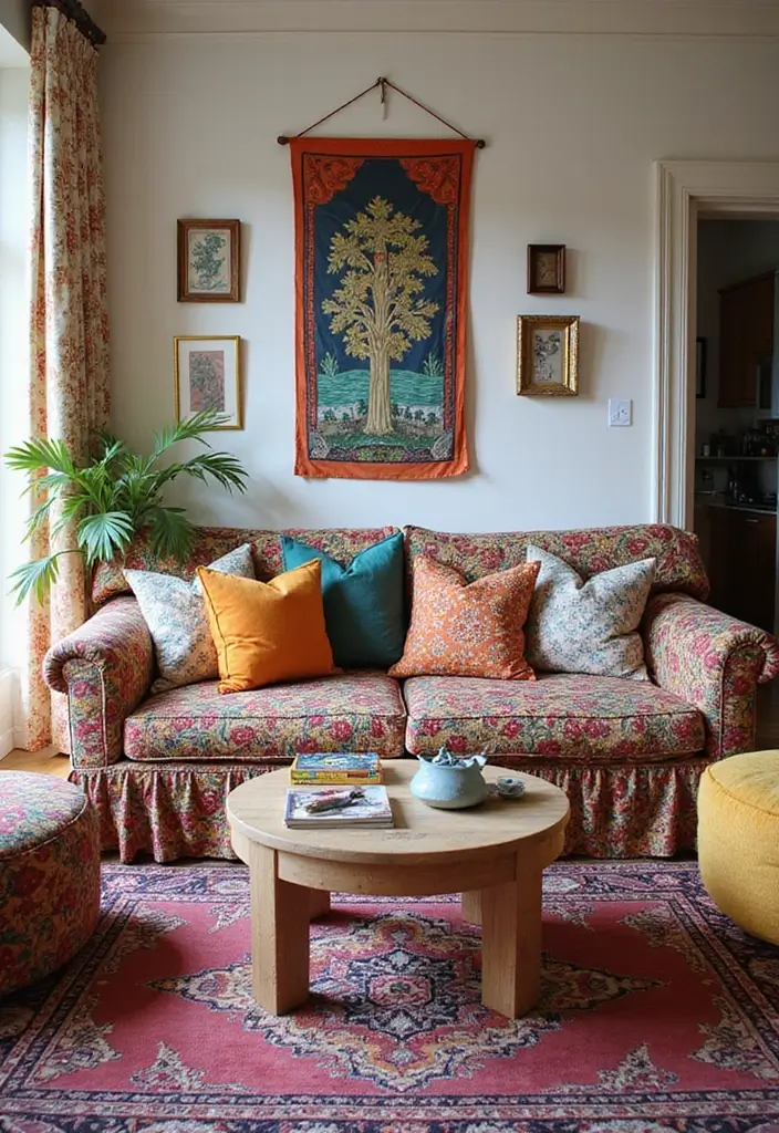 sofa with striped and floral cushions