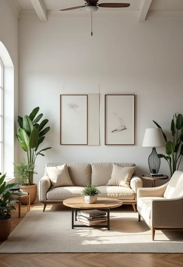 spacious living room with open floor plan and mirrors